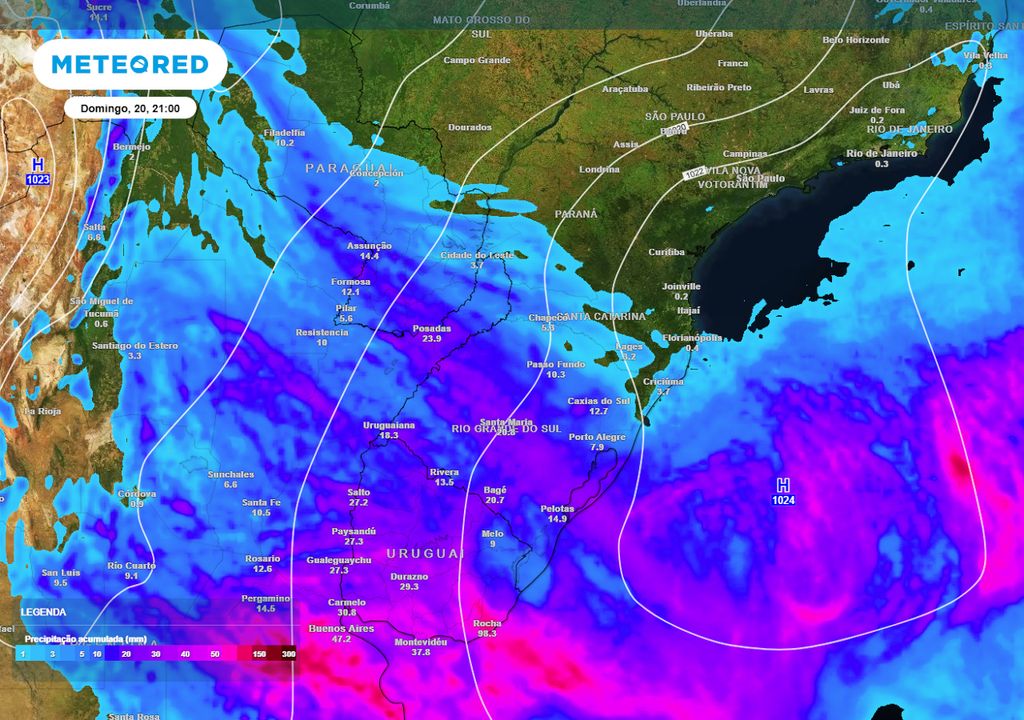 Previsão de acumulados totais de chuva até o domingo