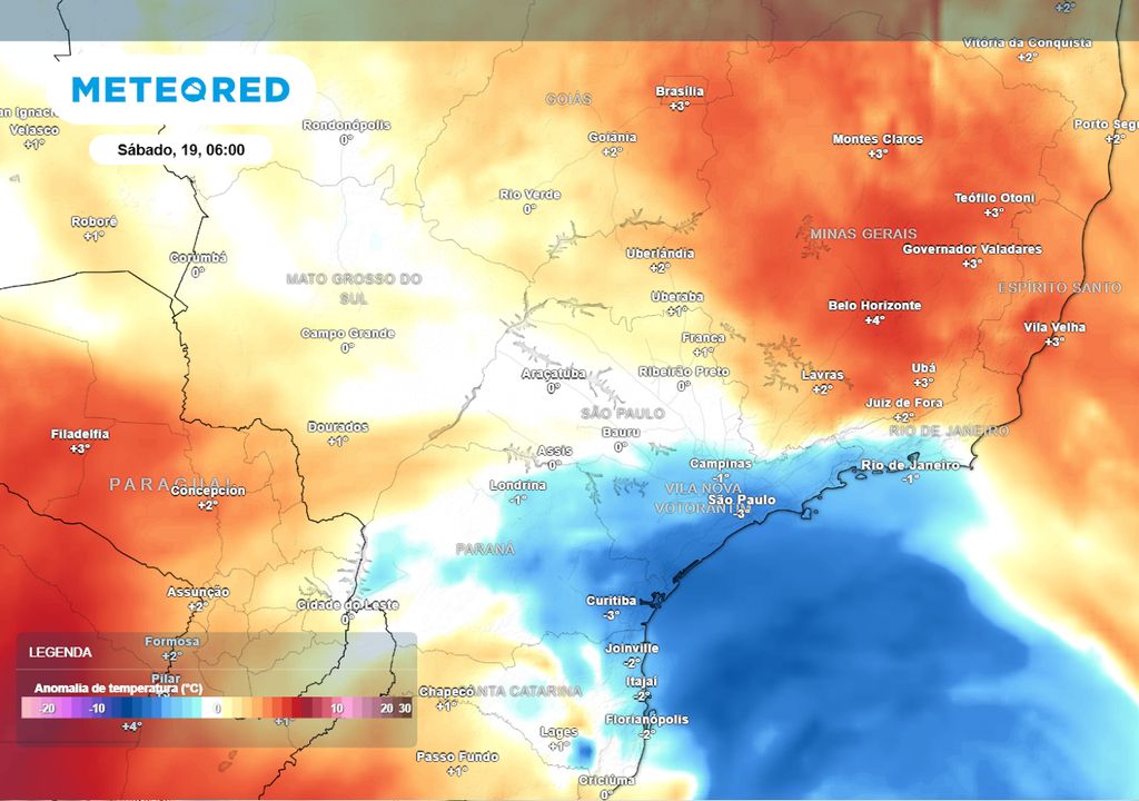 Previsão de anomalias de temperatura no sábado durante a tarde.