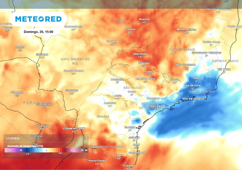 Previsão de anomalias de temperatura no domingo durante a tarde.