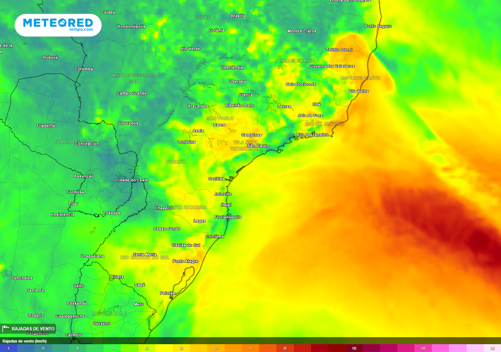 Previsão de velocidade dos ventos durante a tarde desta quinta-feira (28).