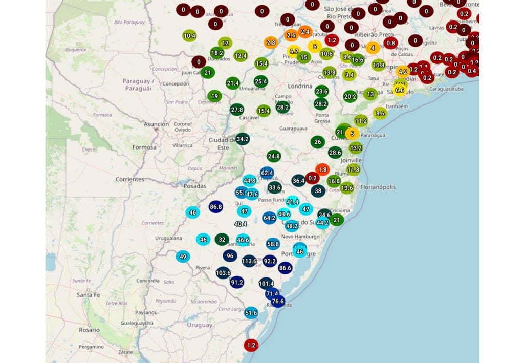 Precipitação acumulada nas últimas 48h em estações oficiais do INMET. Créditos: INMET.