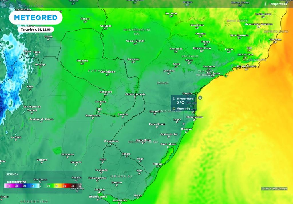 Previsão de temperatura mínima terça-feira (29), de acordo com o ECMWF. O horário corresponde às 7h do horário de Brasília.