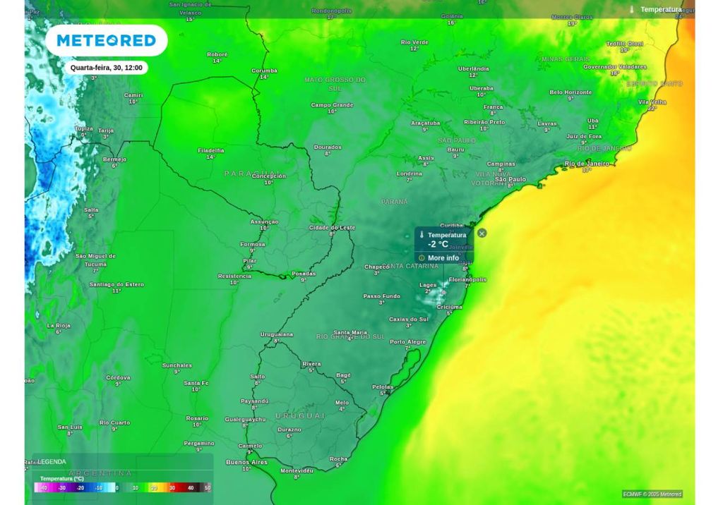 Previsão de temperatura mínima nesta quarta-feira (30), de acordo com o ECMWF. O horário corresponde às 7h do horário de Brasília.