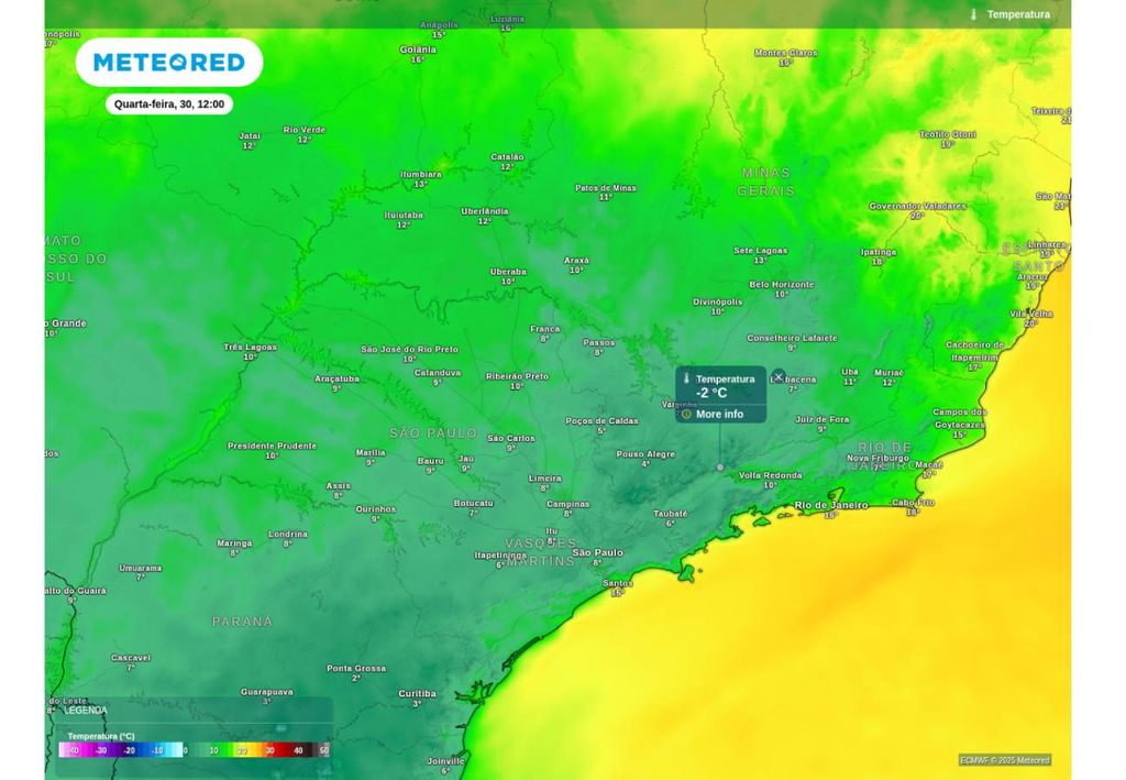 Previsão de temperatura mínima nesta quarta-feira (30) no Sudeste, de acordo com o ECMWF. O horário corresponde às 7h do horário de Brasília.