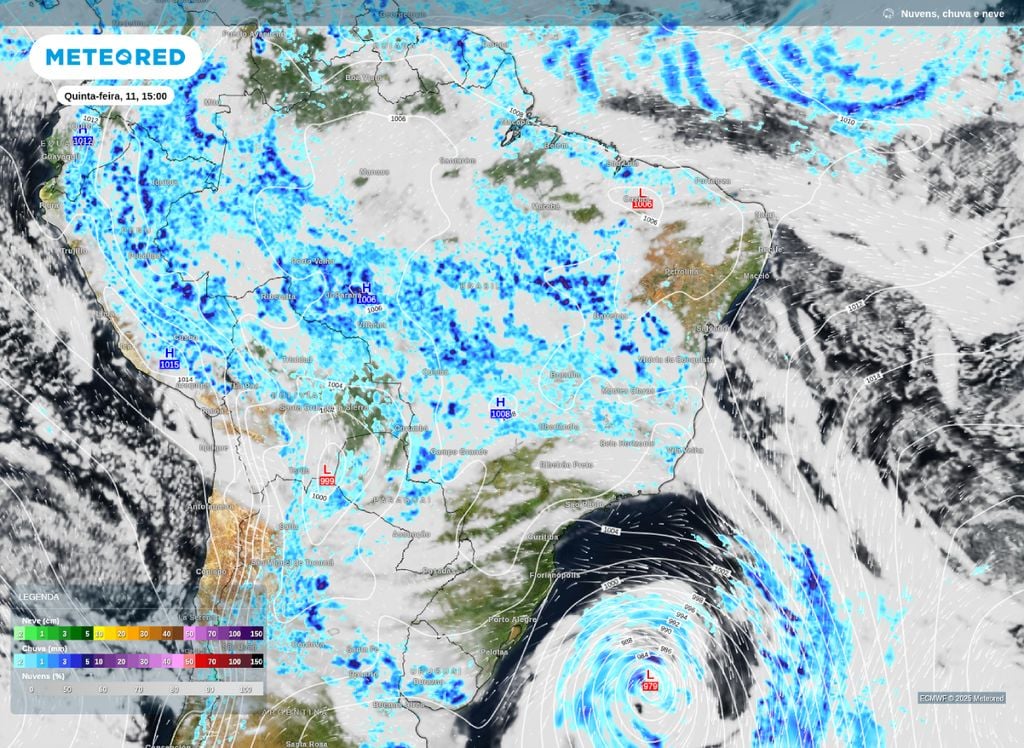 Previsão de precipitação ao longo da tarde desta quinta-feira (11). Previsão de precipitação ao longo da tarde desta quinta-feira (11).