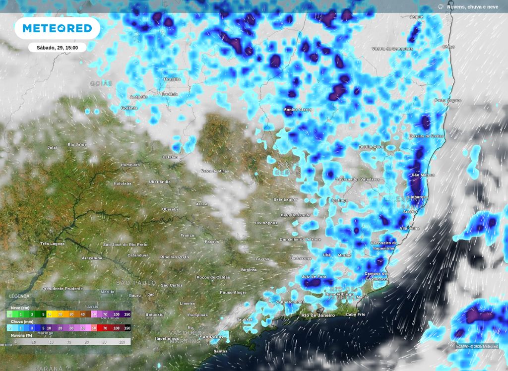 Precipitação prevista para a tarde de sábado (29) sobre o Sudeste, mostra chuvas fortes sobre RJ, ES e norte de MG.