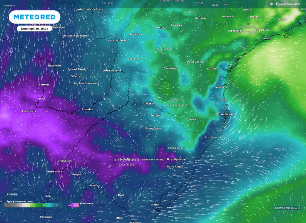 Água precipitável prevista para a tarde de domingo sobre a Região Sul, anunciando a presença de instabilidades.