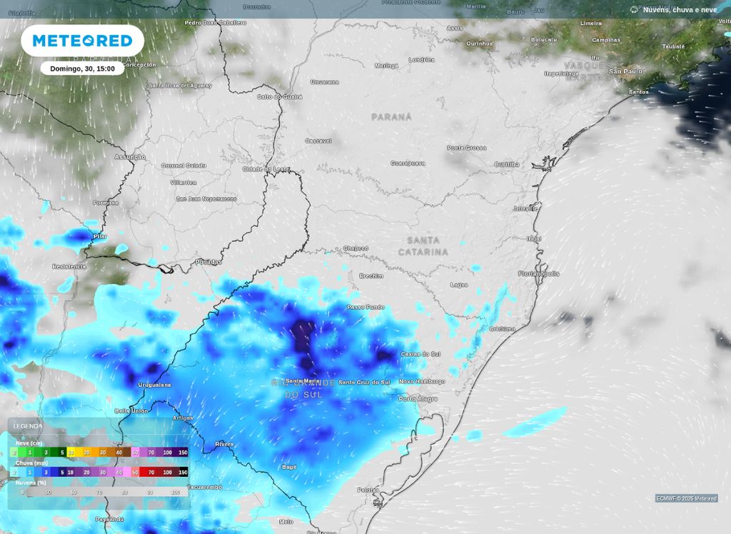 Precipitação prevista para a tarde de domingo (30) na Região Sul.