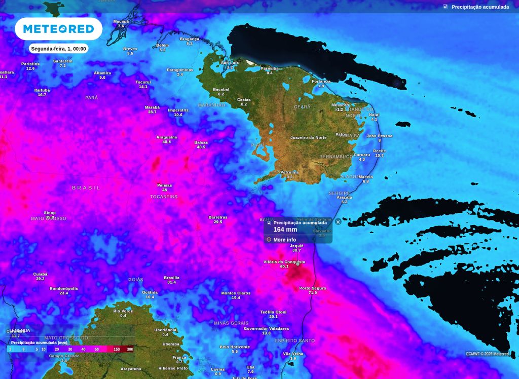 Precipitação acumulada prevista entre quarta-feira (26) e domingo (30).