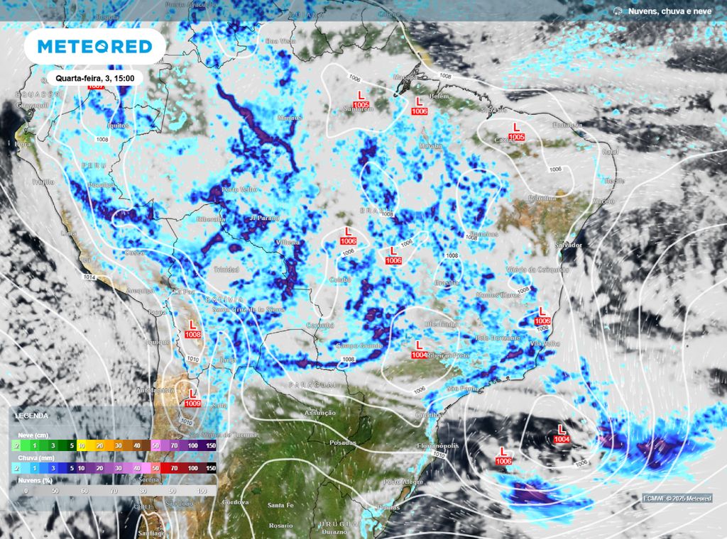 Precisão de chuva e pressão a nível médio do mar na tarde desta quarta-feira (3).