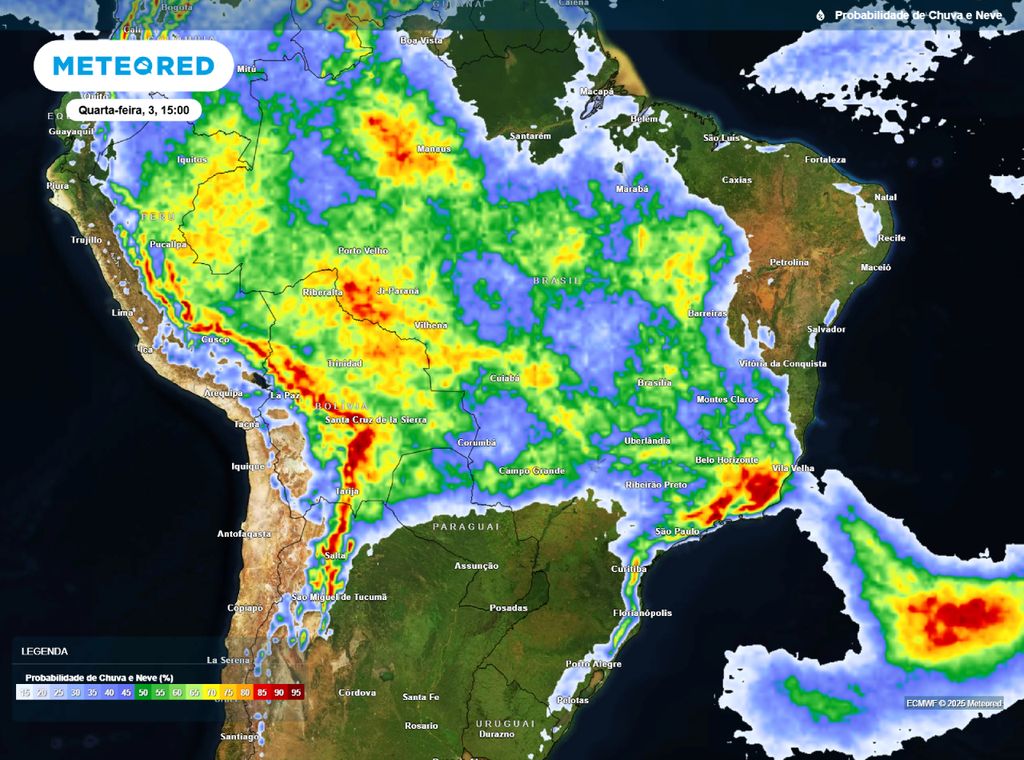 Probabilidade de precipitação para a tarde desta quarta-feira (3).
