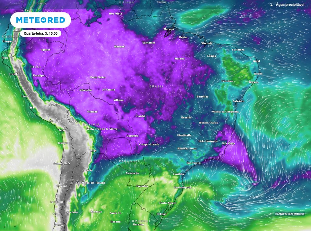 Previsão de água precipitável para a tarde desta quarta (3), segundo o modelo ECMWF.