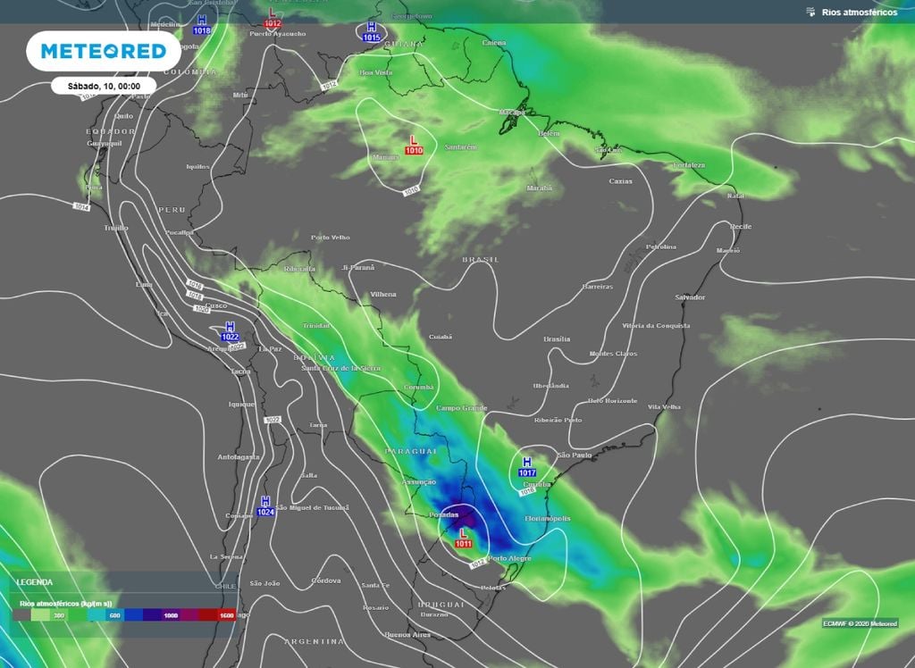 Canal de umidade dará suporte a frente fria e formação de ciclone sobre o Sul do Brasil aumentando potencial para tempestades.