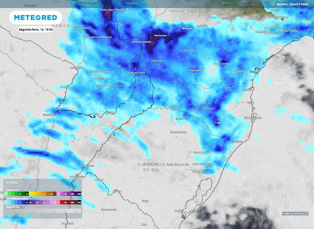 Precipitação e nebulosidade para a tarde de segunda-feira (12).