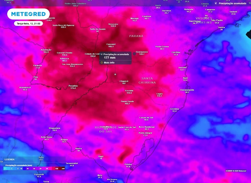 Mapa de precipitação acumulada até o final da terça-feira (13). Os valores acumulados superam os 150 mm em áres do oeste da Região Sul.