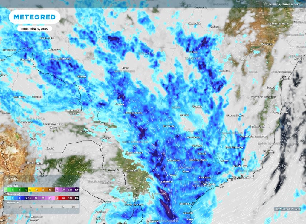 Precipitação prevista para o Centro-Oeste e Sudeste do Brasil na tarde desta terça-feira (9).