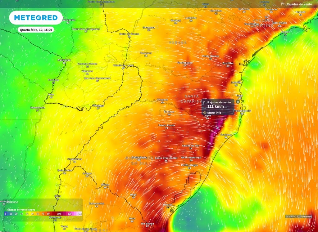 Rajadas de vento superam os 100 km/h em SC nesta quarta-feira (10).