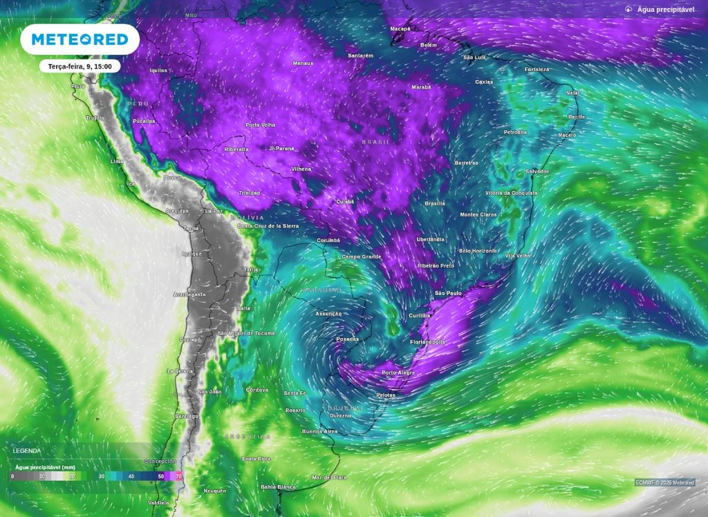 Água precipitável prevista para esta terça-feira (9).