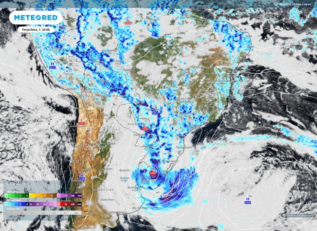 Previsão de chuva, nebulosidade e pressão a nível médio do mar para a tarde de terça-feira (7).