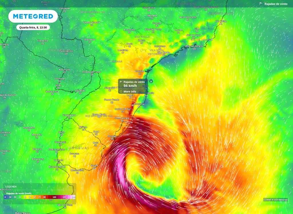 Rajadas de vento prevista para o inicio da tarde de quarta-feira (8), os ventos podem superar 90 km/h sobre áreas da Serra Gaúcha e Catarinense.