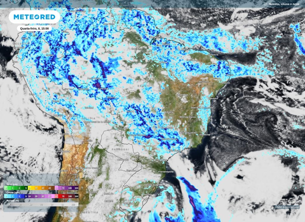 Precipitação e nebulosidade prevista para a tarde de quarta-feira (8). O mapa mostra a frente fria atuando sobre parte do Sudeste e Centro-Oeste.