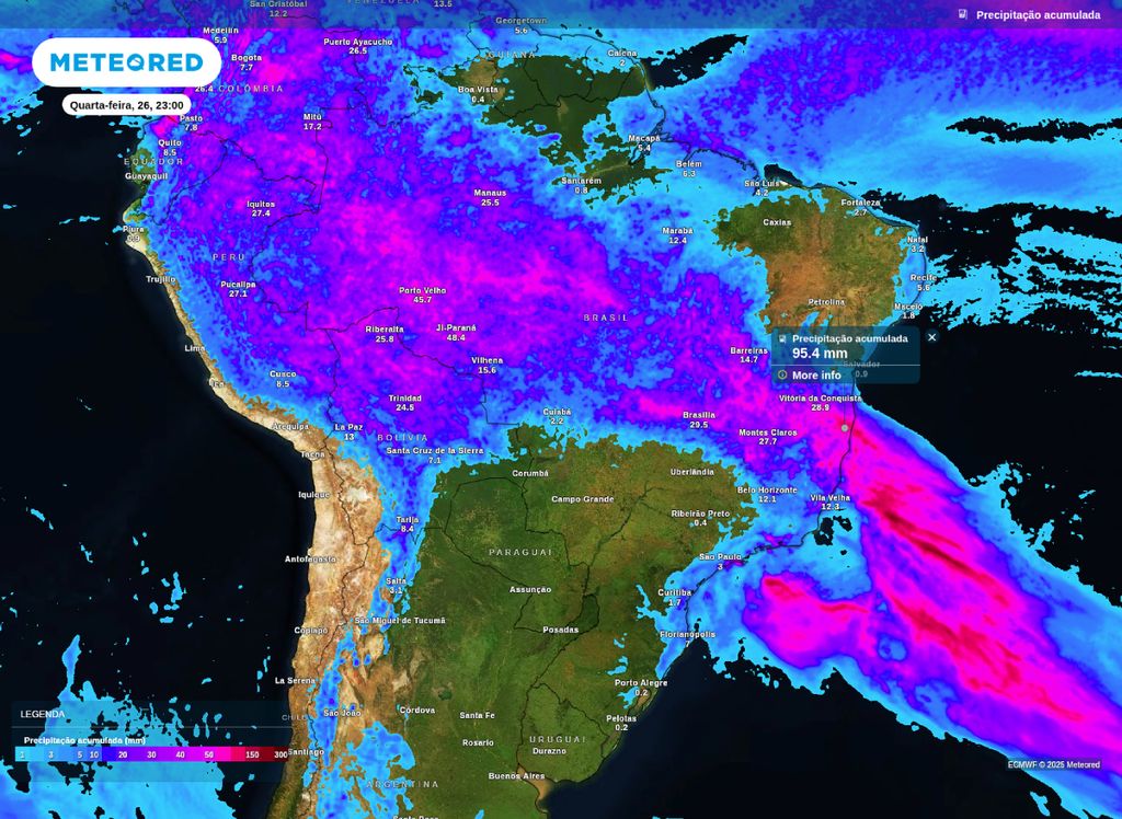 Precipitação acumulada entre terça (25) e quarta-feira (26).
