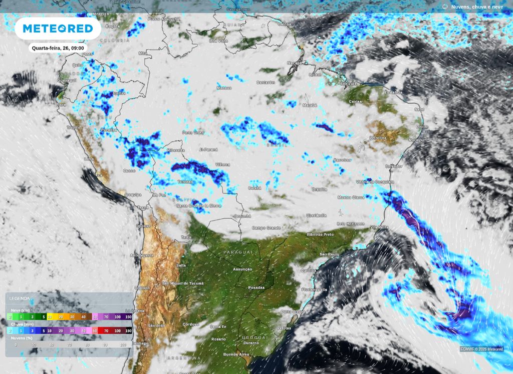Previsão de nebulosidade e precipitação para a manhã desta quarta-feira (26).