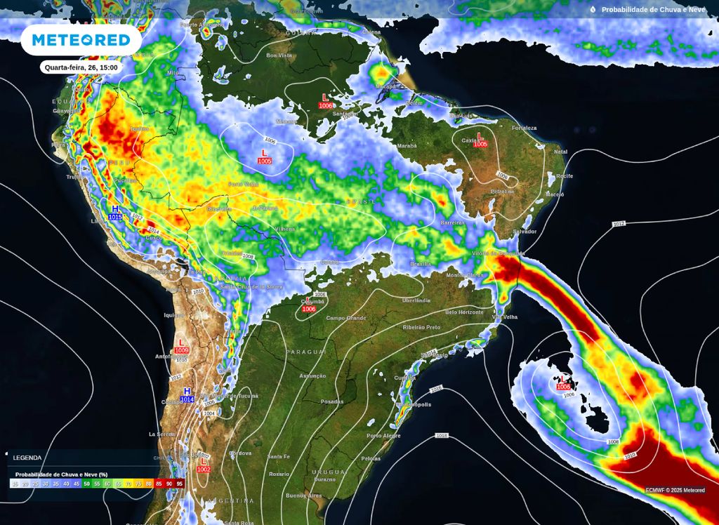 Probabilidade de precipitação para a tarde desta quarta-feira (26).