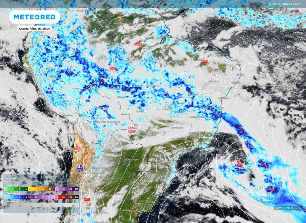 Precipitação, nebulosidade e pressão a nível médio do mar na tarde desta quarta-feira (26).