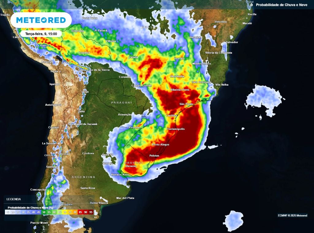 Probabilidade de precipitação para a tarde desta terça-feira (9).