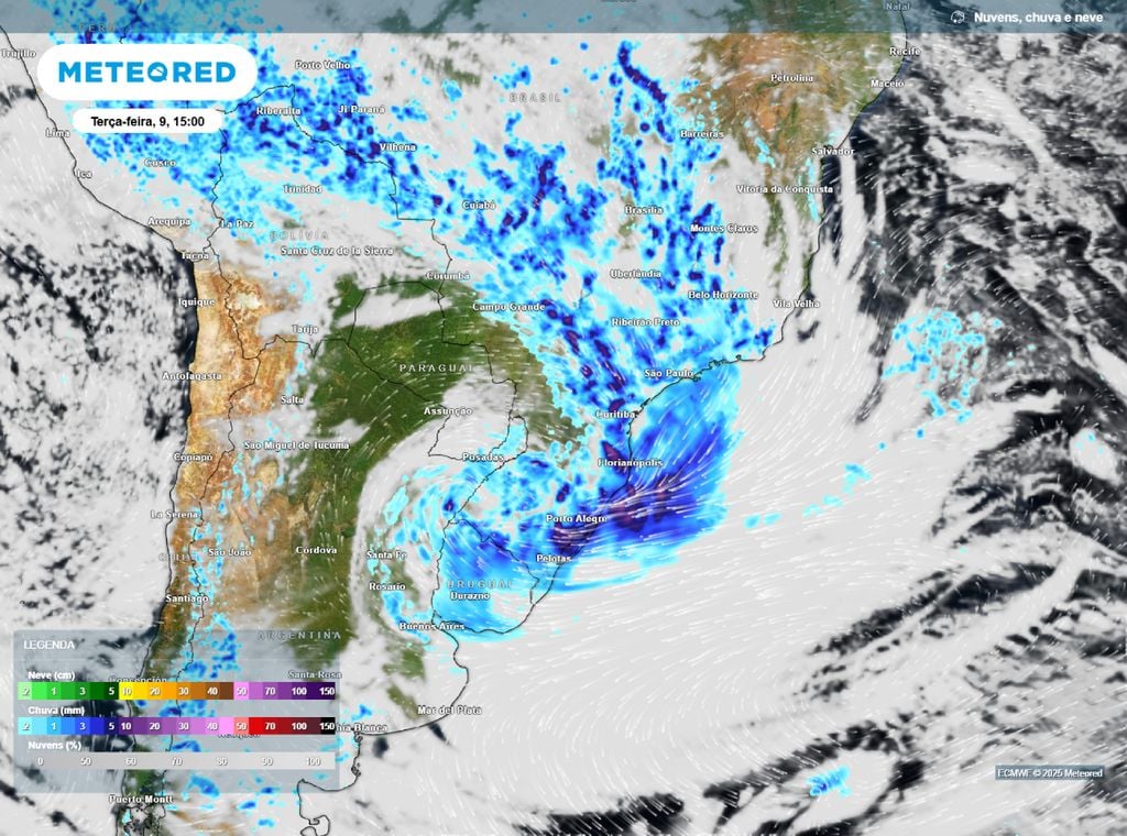 Precipitação e nebulosidade prevista para a tarde desta terça-feira (9).