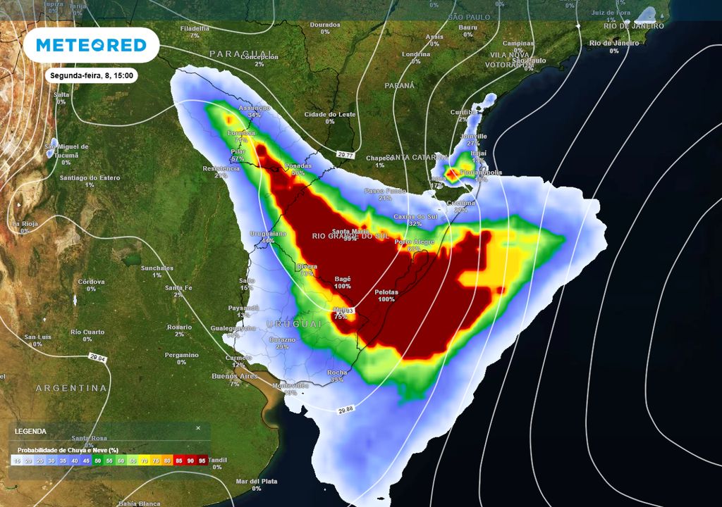 Previsão de probabilidade de chuva na segunda-feira de tarde.