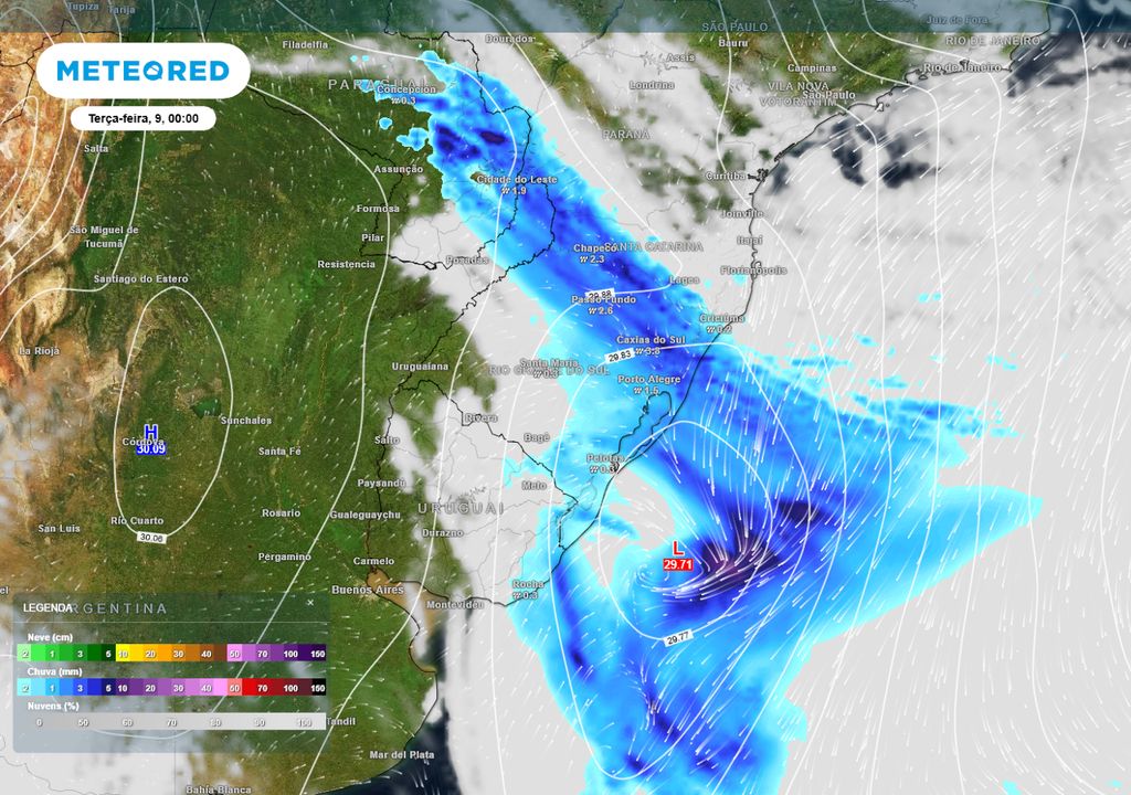 Previsão de nebulosidade, chuva, pressão e ventos na terça-feira de madrugada.