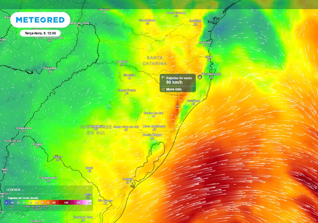 Previsão de rajadas de vento na terça-feira ao meio-dia.