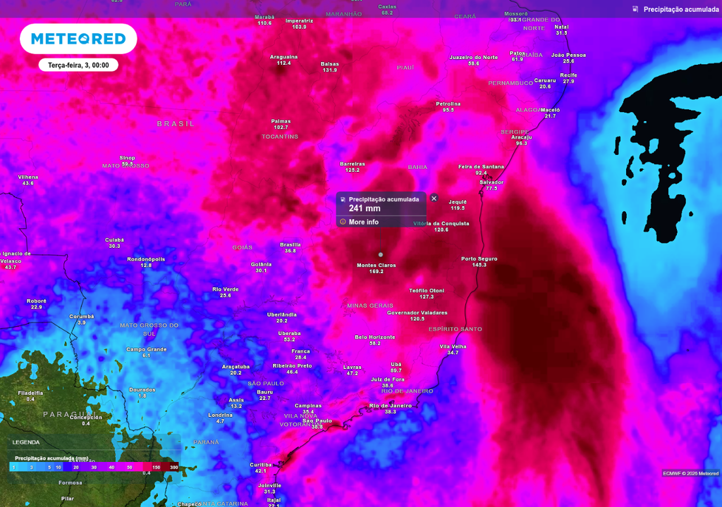Previsão de chuva acumulada até o final de segunda-feira (2), de acordo com o ECMWF.