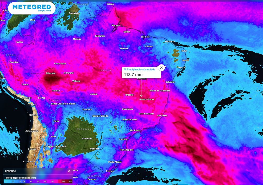 Previsão de acumulados totais de chuva até o domingo (07).