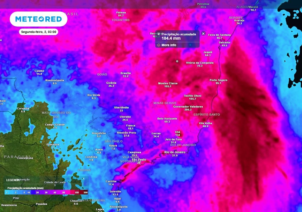 Previsão de acumulados totais até o final do domingo, primeiro de março, mostra que os acumulados em vários estados podem chegar a até 180 mm de chuva, ocasionando transtornos.