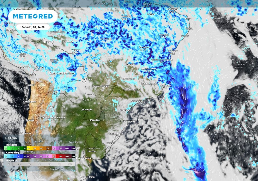 Previsão de ventos, nebulosidade e chuva no sábado durante a tarde mostra que o tempo ficará predominantemente firme e seco em grande parte do centro-sul brasileiro.