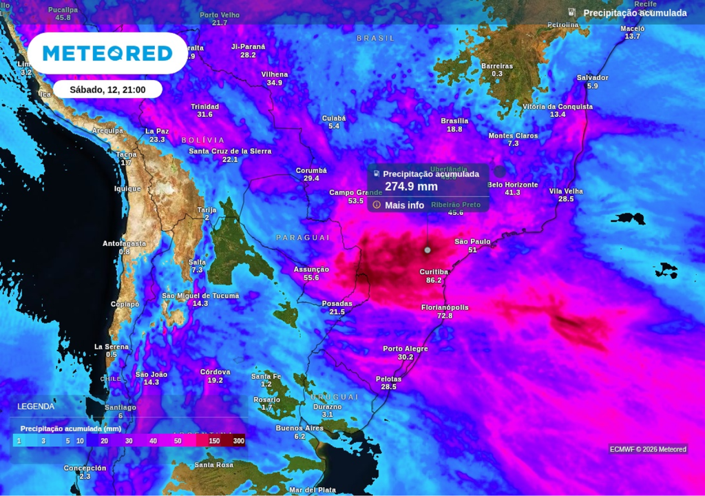 Previsão de Chuva acumulada até sábado (12), segundo o ECMWF. Previsão de Chuva acumulada até sábado (12), segundo o ECMWF.