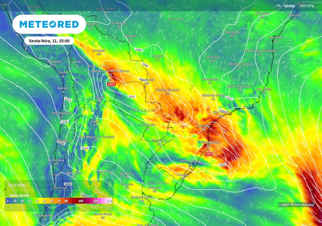 Previsão de formação de ciclone (L) na costa da região Sul e vento em 1,5 km de altura nesta sexta-feira (11), segundo o ECMWF. Previsão de formação de ciclone (L) na costa da região Sul e vento em 1,5 km de altura nesta sexta-feira (11), segundo o ECMWF.