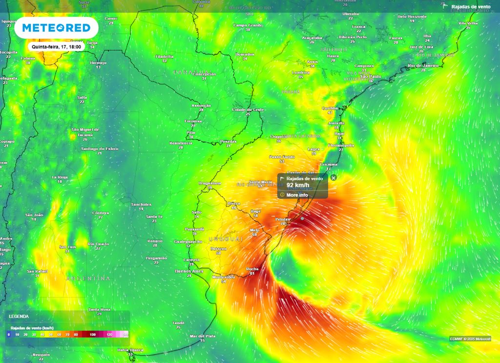 Previsão de rajadas de vento para a tarde desta quinta-feira (17).