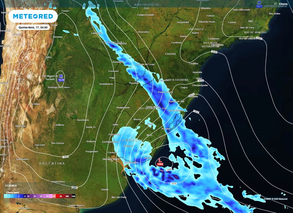 Mapa de precipitação e pressão a nível médio do mar prevista para a madrugada de quinta-feira (16).