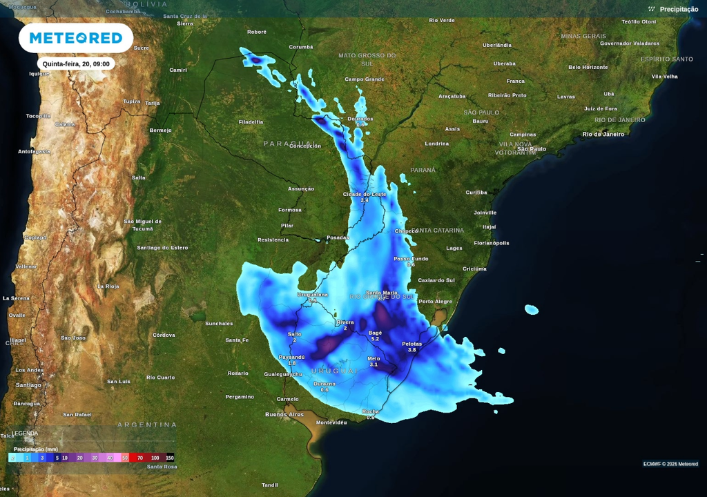 Previsão de chuva nesta quinta-feira (20), segundo o ECMWF.