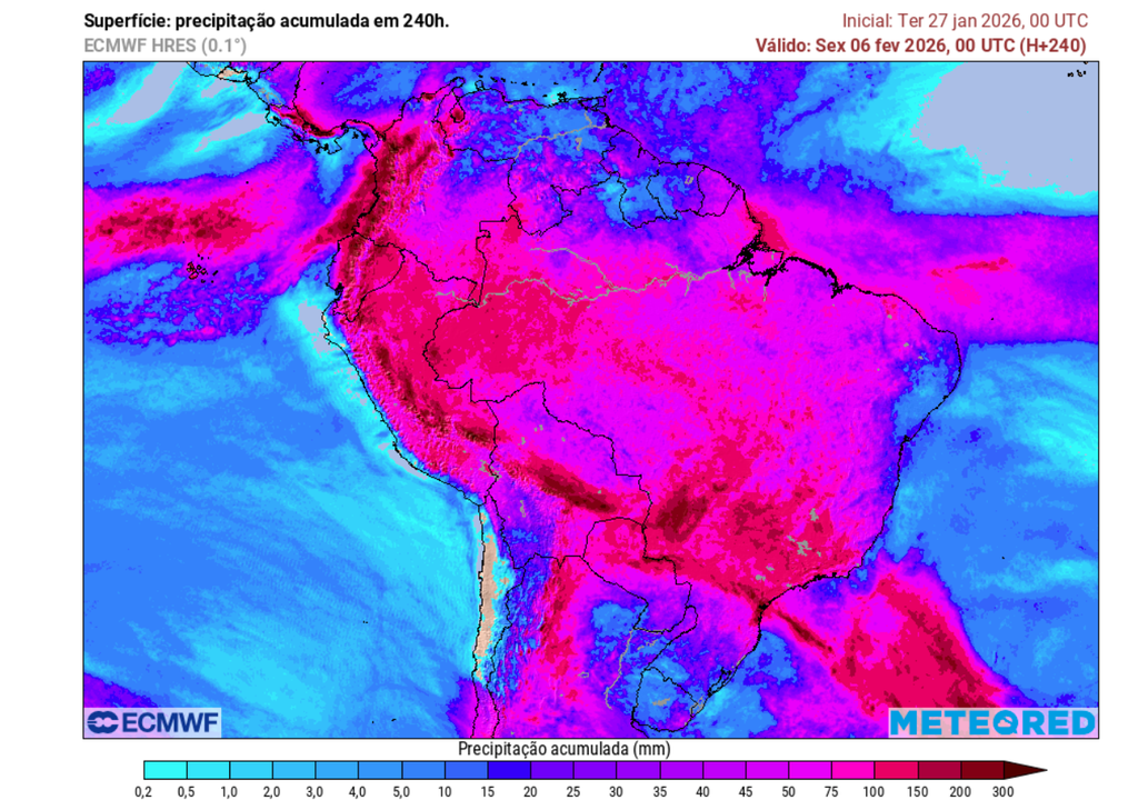 Previsão de chuva acumulada até o final da quinta-feira (6), de acordo com o ECMWF.