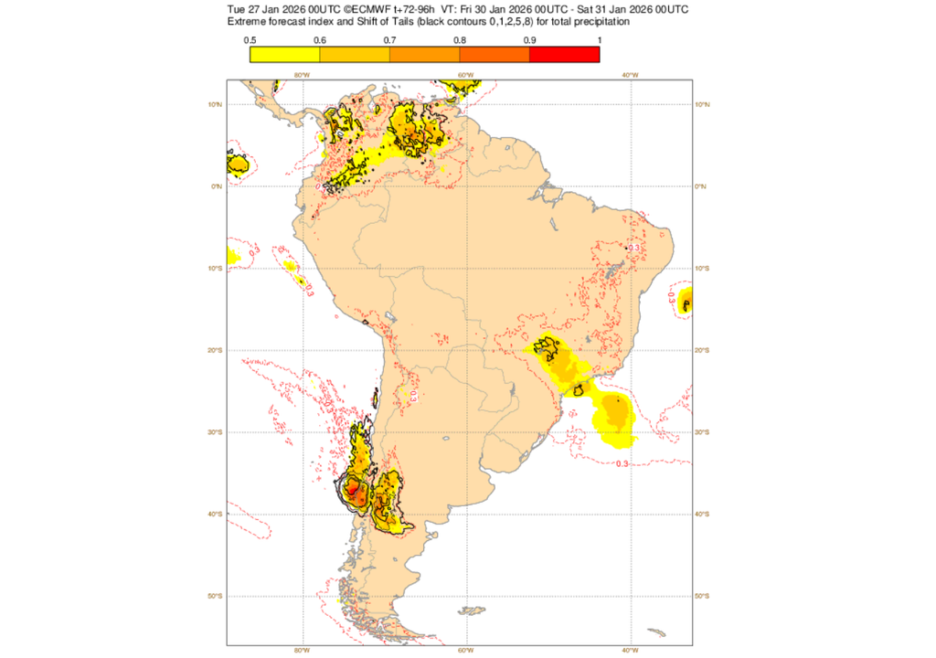 EFI do ECMF para precipitação nesta sexta-feira (30). Créditos: ECMWF.