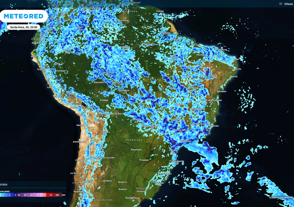 Previsão de chuva nesta sexta-feira (30), de acordo com o ECMWF.