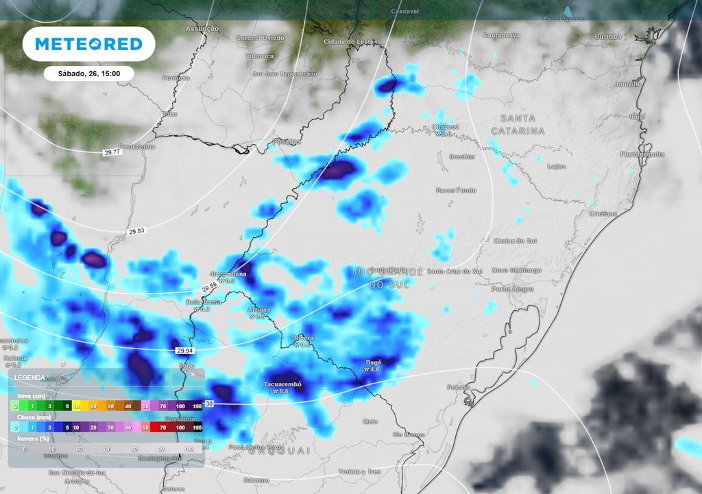 Previsão de pressão, nebulosidade e chuva no sábado durante a tarde.