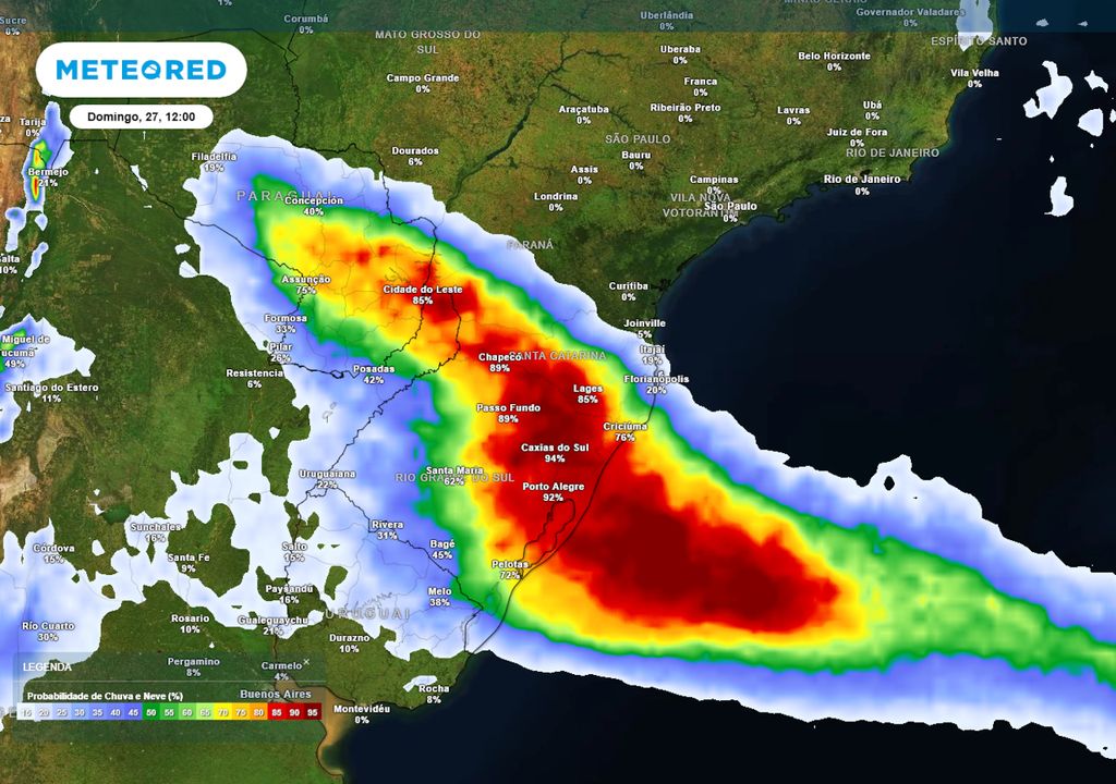 Previsão de probabilidade de chuva no domingo de manhã.