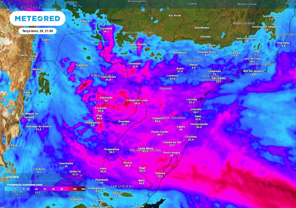 Previsão de acumulados totais de chuva até o final da terça-feira,