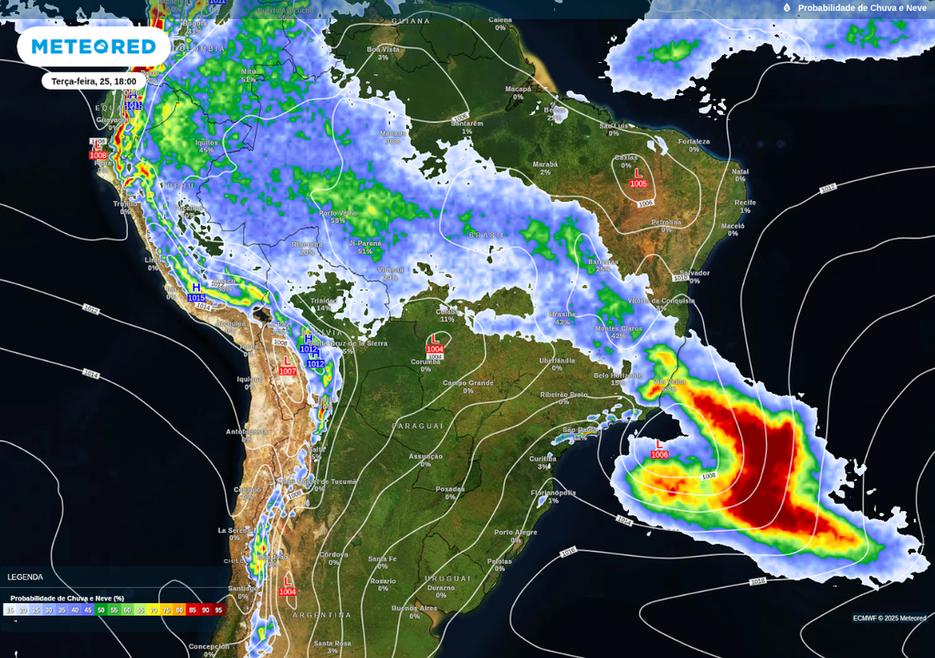 Previsão de probabilidade de chuva (em cores) e formação de ciclone (letra L no campo de pressão) nesta terça-feira (25), de acordo com o ECMWF.